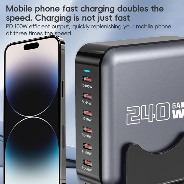 240W GaN 6-Ports USB-C / Type-C Multi Sharing Desktop Charger, Plug:AU Plug - Grey