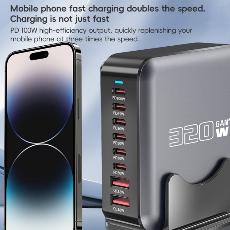 320W GaN 6 Type-C 2 USB Multi Ports Sharing Desktop Charger, Plug:US Plug - Grey