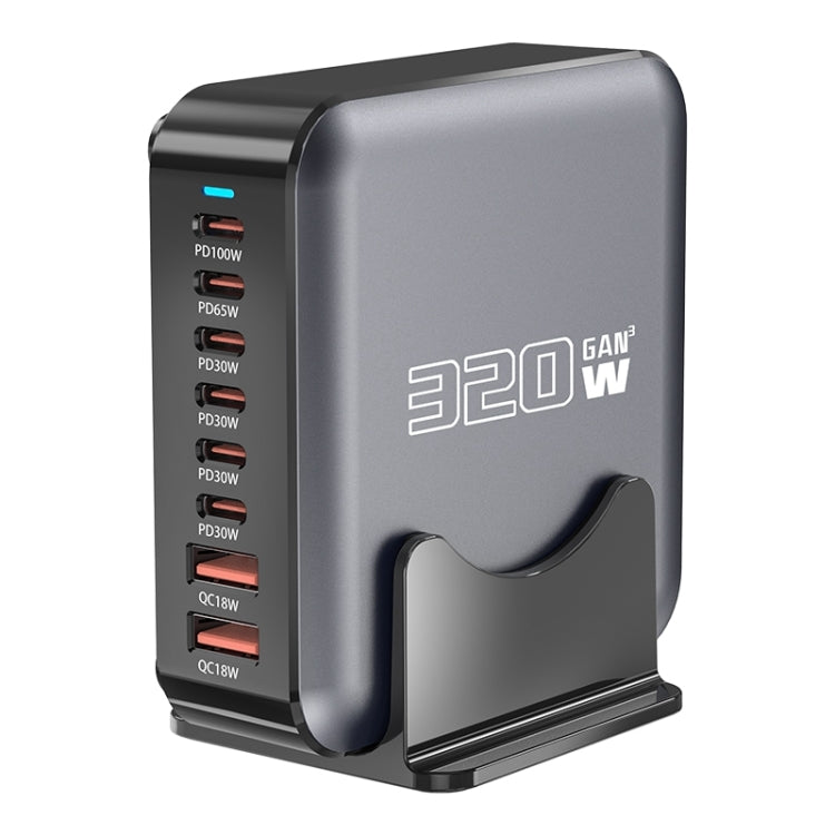 320W GaN 6 Type-C 2 USB Multi Ports Sharing Desktop Charger, Plug:EU Plug - Grey