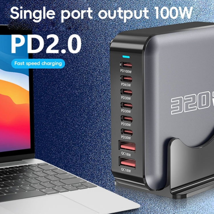 320W GaN 6 Type-C 2 USB Multi Ports Sharing Desktop Charger, Plug:UK Plug - Grey