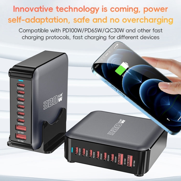 320W GaN 6 Type-C 2 USB Multi Ports Sharing Desktop Charger, Plug:UK Plug - Grey