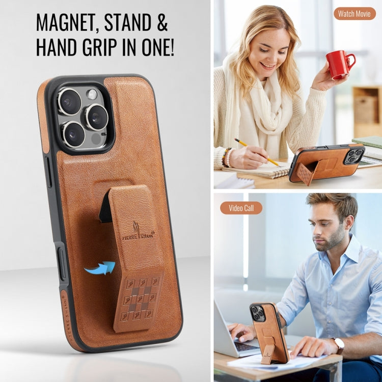 For iPhone 16 Pro Fierre Shann Oil Wax Cow Leather Holder Back Phone Case