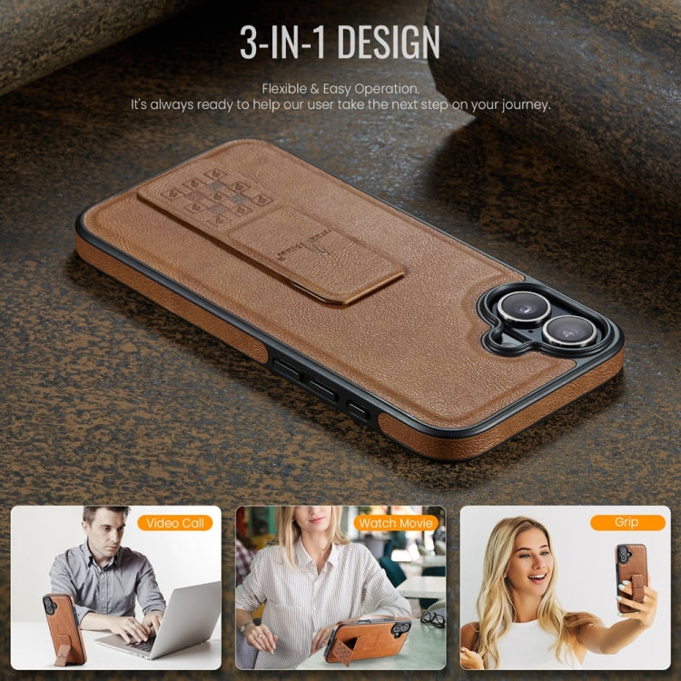 For iPhone 16 Fierre Shann Oil Wax Cow Leather Holder Back Phone Case