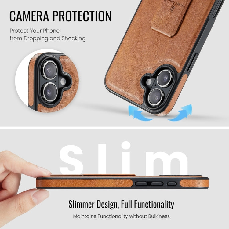 For iPhone 16 Fierre Shann Oil Wax Cow Leather Holder Back Phone Case