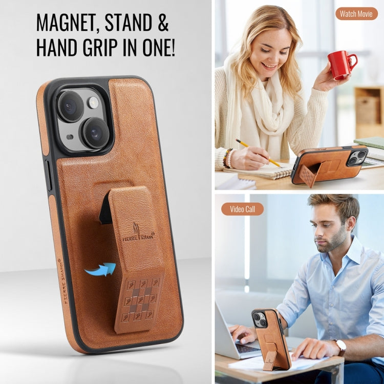 For iPhone 15 Plus Fierre Shann Oil Wax Cow Leather Holder Back Phone Case
