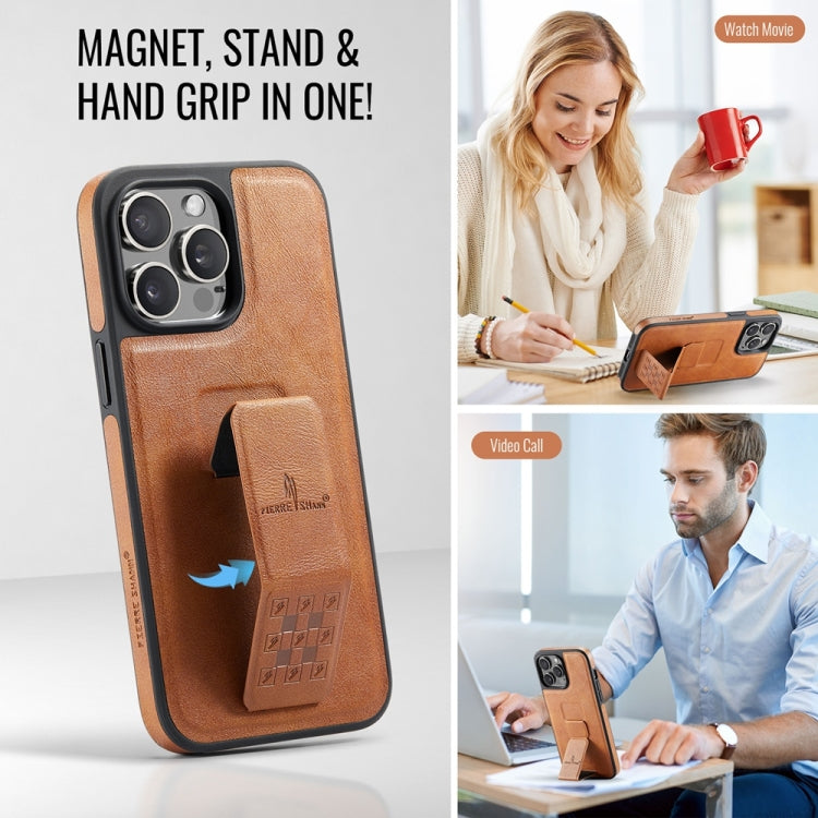 For iPhone 14 Pro Fierre Shann Oil Wax Cow Leather Holder Back Phone Case