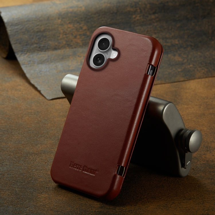 For iPhone 16 Plus Fierre Shann Top Layer Cowhide Business Magnetic Leather Phone Case