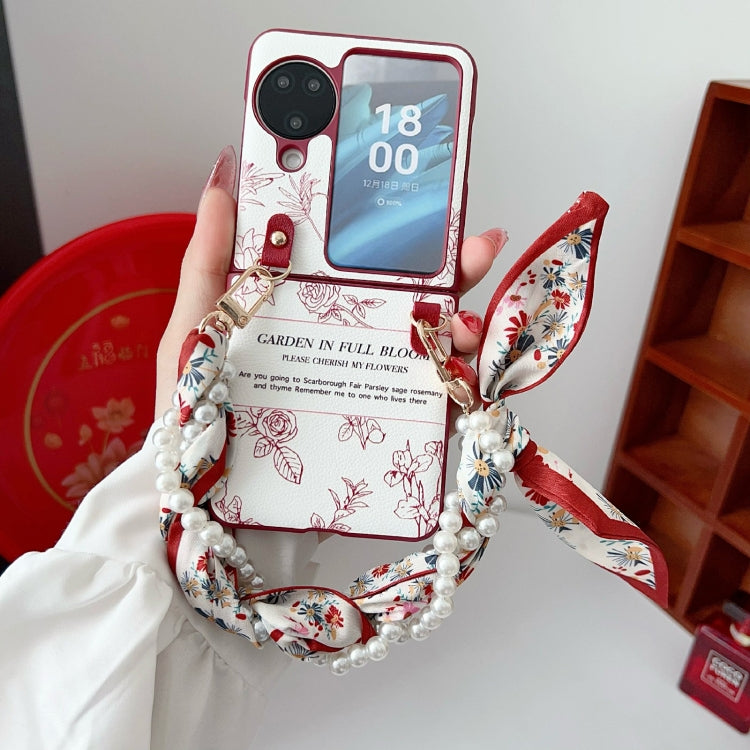 For OPPO Find N3 Flip Sketch Flower Pattern Phone Case with Scarf Bracelet - Rose