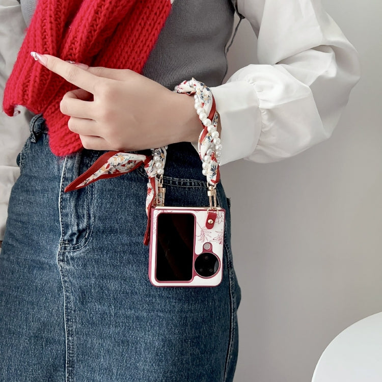 For OPPO Find N3 Flip Sketch Flower Pattern Phone Case with Scarf Bracelet - Rose