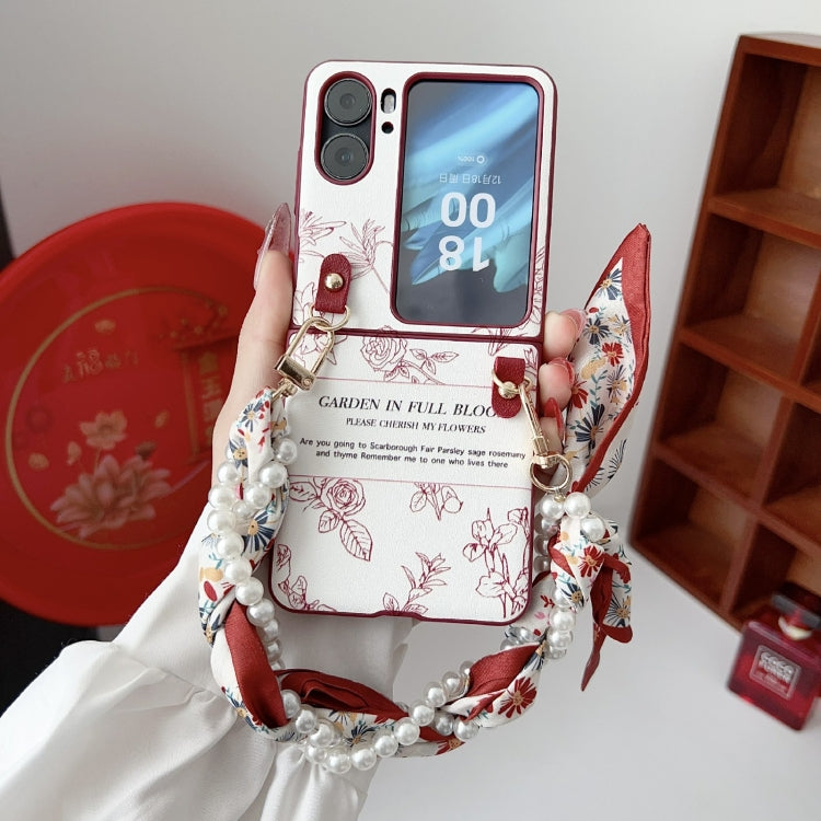 For OPPO Find N2 Flip Sketch Flower Pattern Phone Case with Scarf Bracelet - Rose