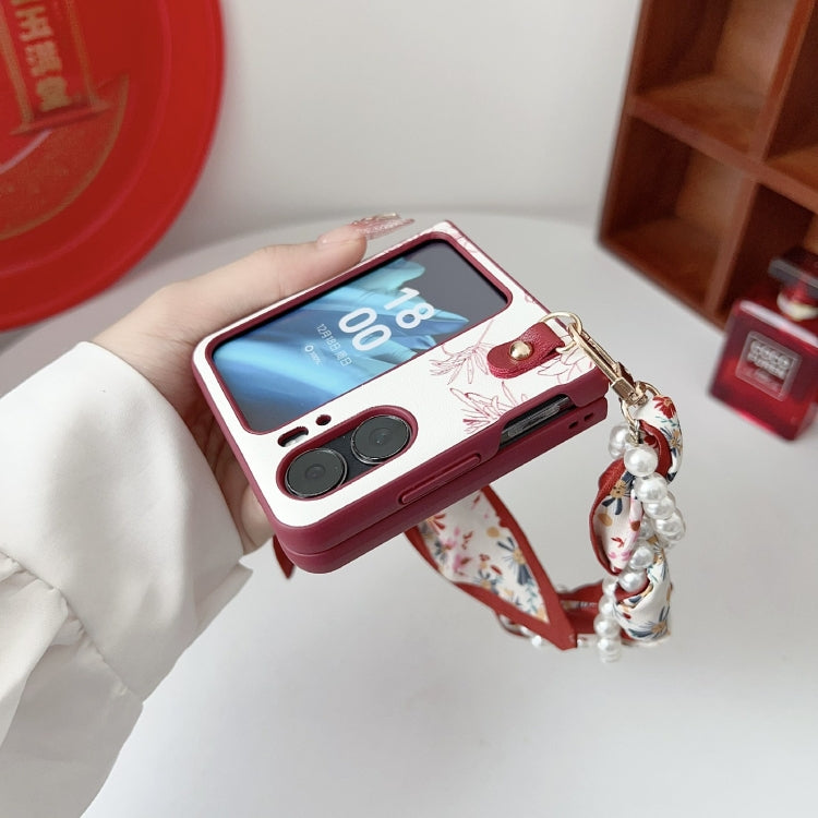 For OPPO Find N2 Flip Sketch Flower Pattern Phone Case with Scarf Bracelet - Rose