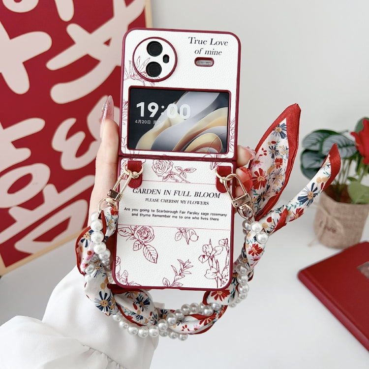 For vivo X Flip Sketch Flower Pattern Phone Case with Scarf Bracelet - Rose