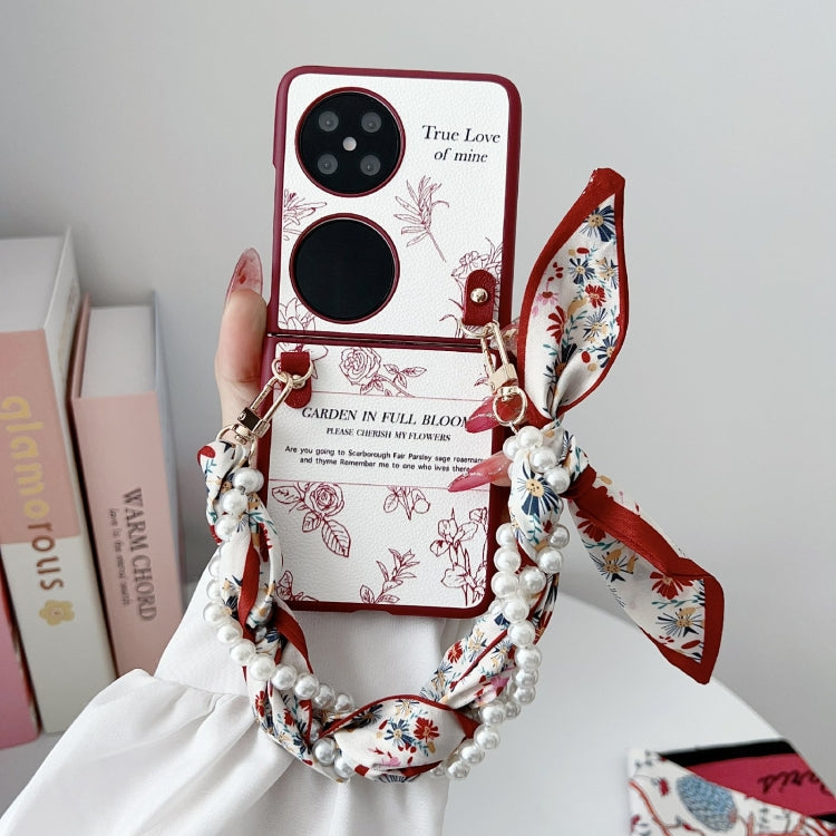 For Huawei Pocket 2 Sketch Flower Pattern Phone Case with Scarf Bracelet - Rose
