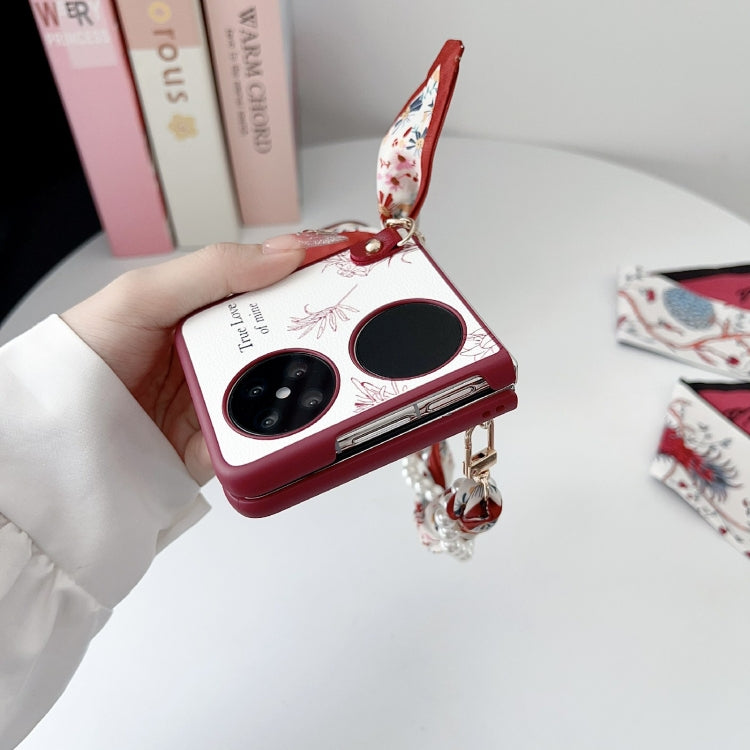 For Huawei Pocket 2 Sketch Flower Pattern Phone Case with Scarf Bracelet - Rose