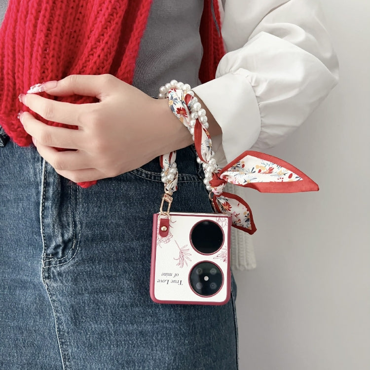 For Huawei Pocket 2 Sketch Flower Pattern Phone Case with Scarf Bracelet - Rose