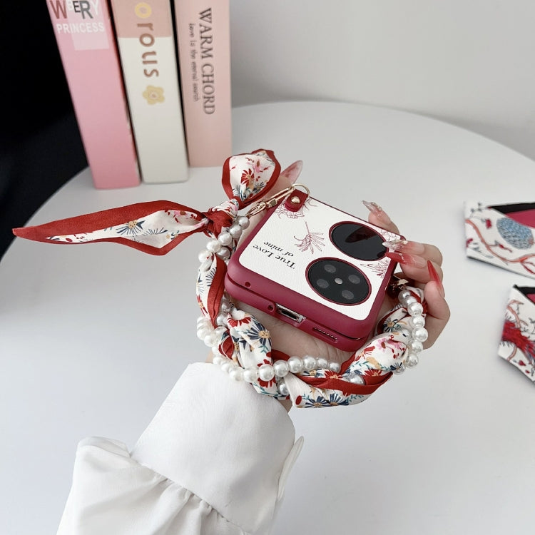 For Huawei P50 Pocket Sketch Flower Pattern Phone Case with Scarf Bracelet - Rose
