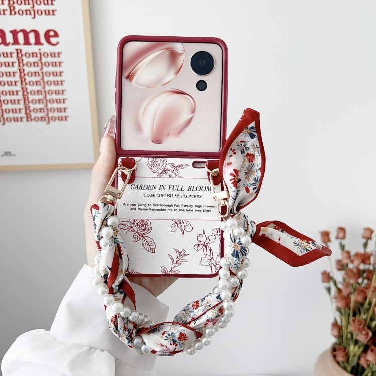 For Honor Magic V Flip Sketch Flower Pattern Phone Case with Scarf Bracelet - Rose