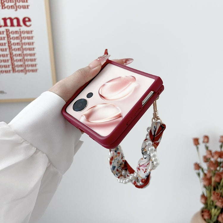 For Honor Magic V Flip Sketch Flower Pattern Phone Case with Scarf Bracelet - Rose