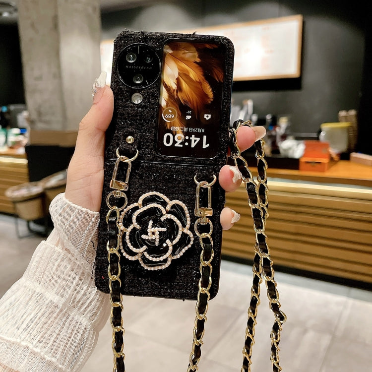 For OPPO Find N3 Flip Camellia Plaid Fabric PC Phone Case with Long Lanyard