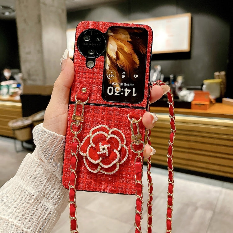 For OPPO Find N3 Flip Camellia Plaid Fabric PC Phone Case with Long Lanyard