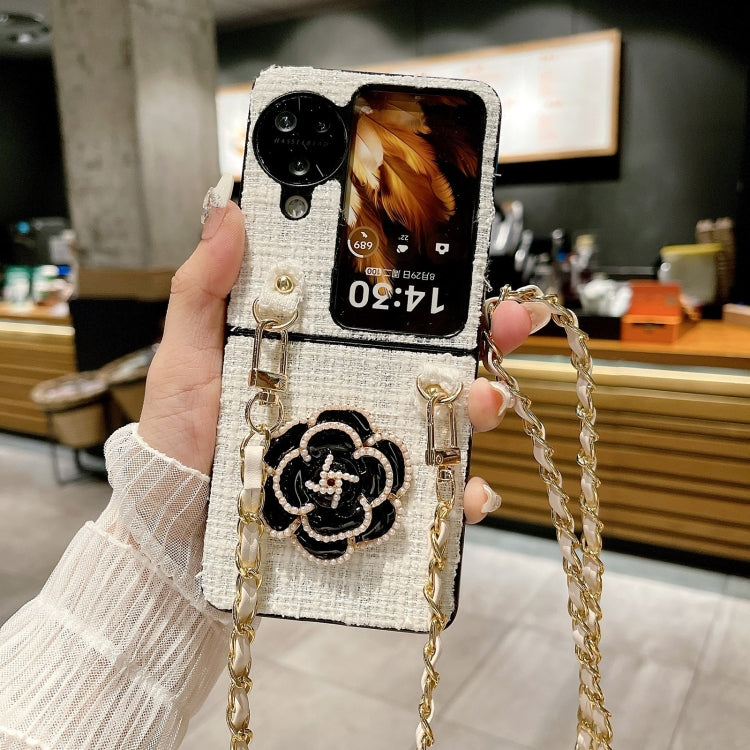 For OPPO Find N3 Flip Camellia Plaid Fabric PC Phone Case with Long Lanyard