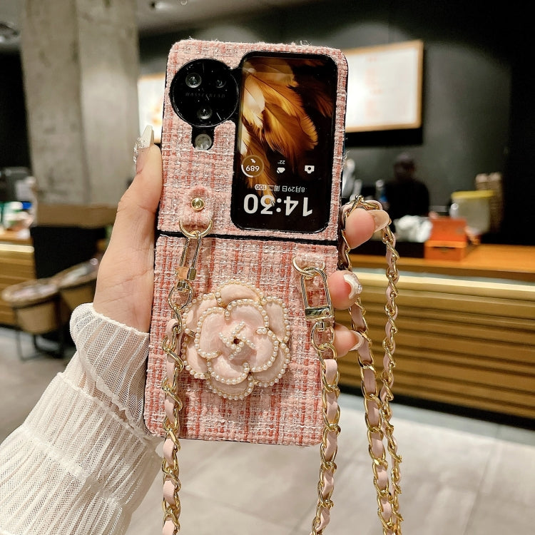 For OPPO Find N3 Flip Camellia Plaid Fabric PC Phone Case with Long Lanyard