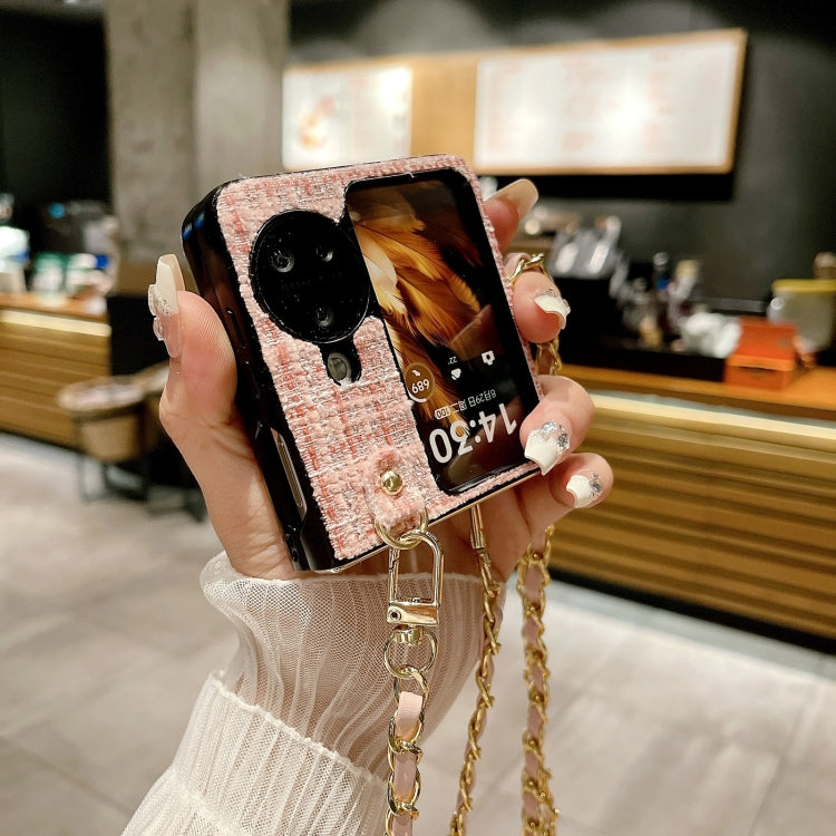 For OPPO Find N3 Flip Camellia Plaid Fabric PC Phone Case with Long Lanyard