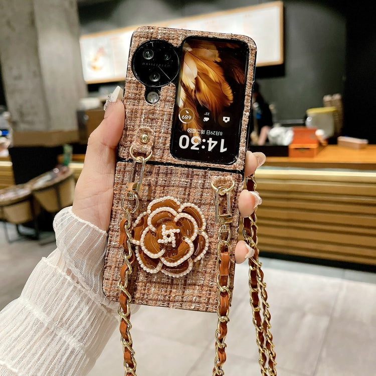 For OPPO Find N3 Flip Camellia Plaid Fabric PC Phone Case with Long Lanyard