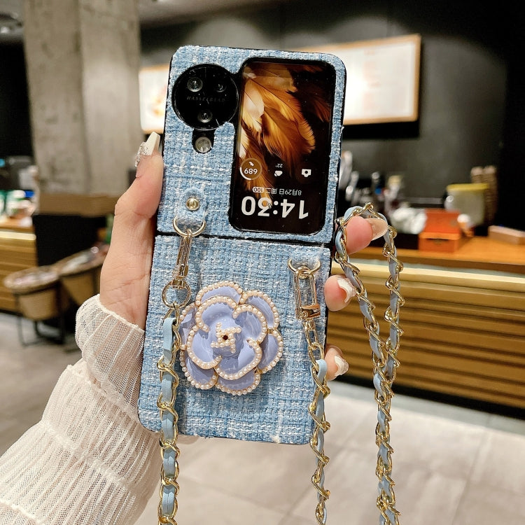 For OPPO Find N3 Flip Camellia Plaid Fabric PC Phone Case with Long Lanyard