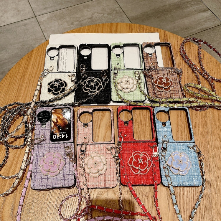 For OPPO Find N3 Flip Camellia Plaid Fabric PC Phone Case with Long Lanyard