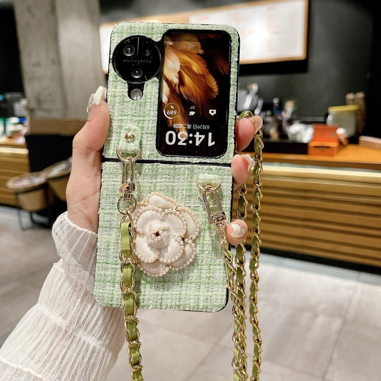 For OPPO Find N3 Flip Camellia Plaid Fabric PC Phone Case with Long Lanyard