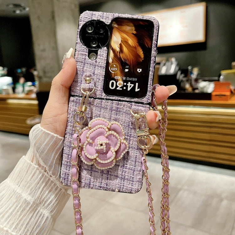For OPPO Find N3 Flip Camellia Plaid Fabric PC Phone Case with Long Lanyard