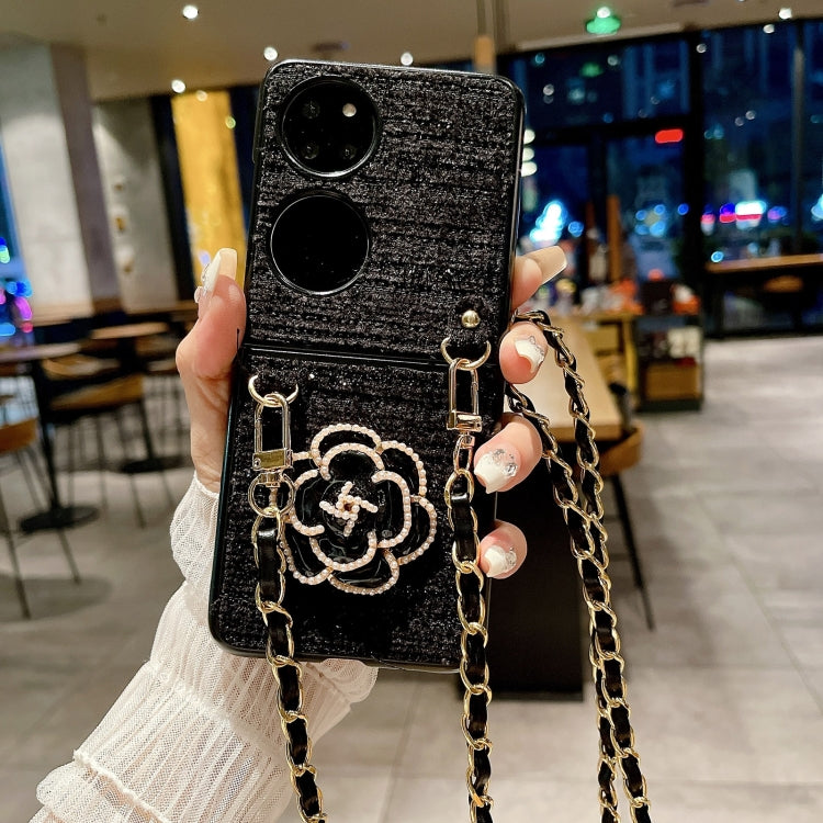 For Huawei P50 Pocket Camellia Plaid Fabric PC Phone Case with Long Lanyard