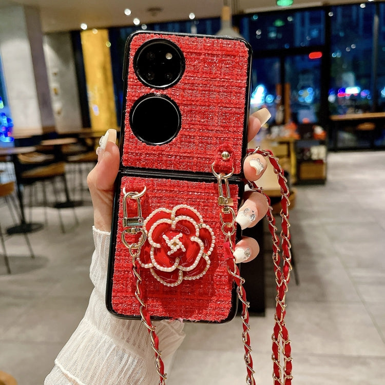 For Huawei P50 Pocket Camellia Plaid Fabric PC Phone Case with Long Lanyard