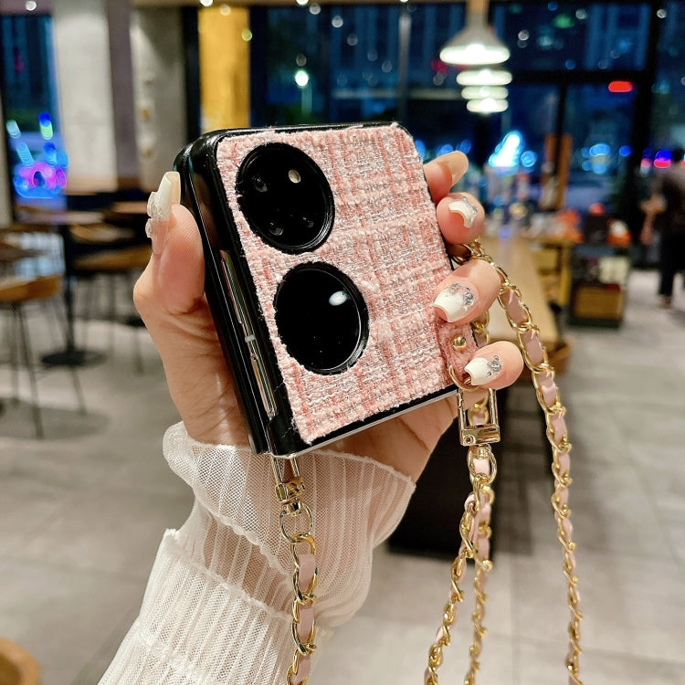 For Huawei P50 Pocket Camellia Plaid Fabric PC Phone Case with Long Lanyard