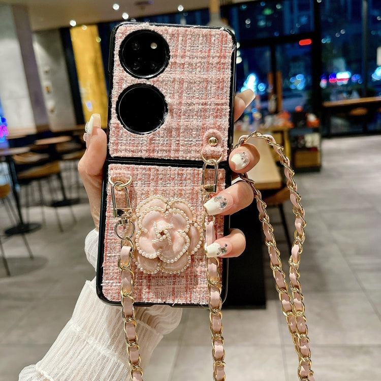 For Huawei P50 Pocket Camellia Plaid Fabric PC Phone Case with Long Lanyard