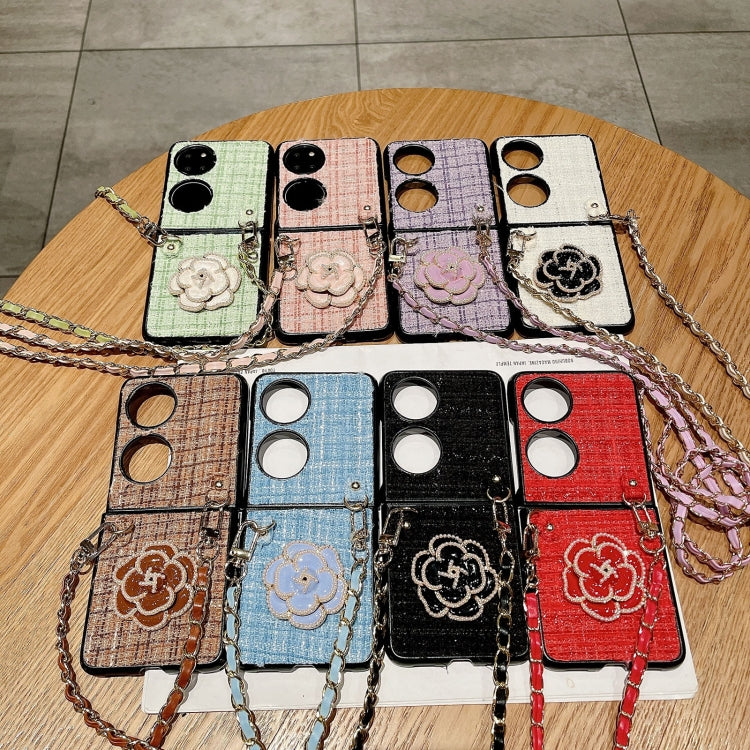 For Huawei P50 Pocket Camellia Plaid Fabric PC Phone Case with Long Lanyard
