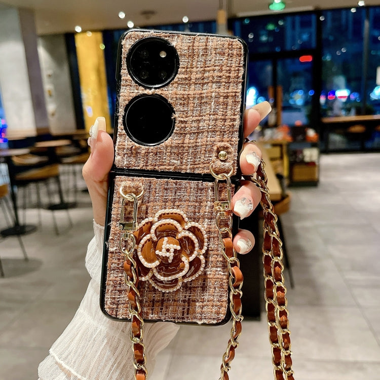 For Huawei P50 Pocket Camellia Plaid Fabric PC Phone Case with Long Lanyard