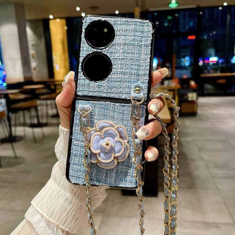 For Huawei P50 Pocket Camellia Plaid Fabric PC Phone Case with Long Lanyard