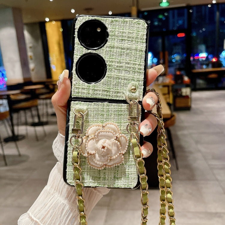 For Huawei P50 Pocket Camellia Plaid Fabric PC Phone Case with Long Lanyard