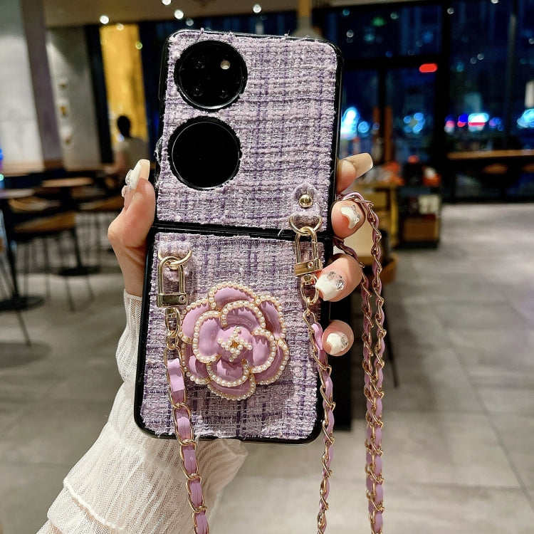 For Huawei P50 Pocket Camellia Plaid Fabric PC Phone Case with Long Lanyard