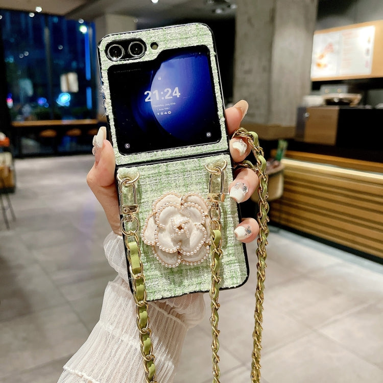 For Samsung Galaxy Z Flip6 / Flip7 FE Camellia Plaid Fabric PC Phone Case with Long Lanyard