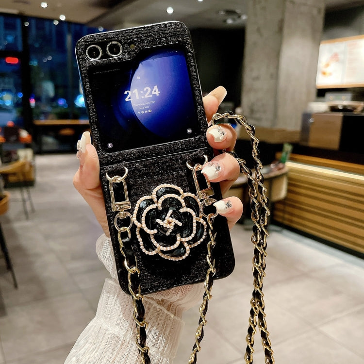 For Samsung Galaxy Z Flip5 Camellia Plaid Fabric PC Phone Case with Long Lanyard