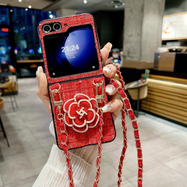 For Samsung Galaxy Z Flip5 Camellia Plaid Fabric PC Phone Case with Long Lanyard