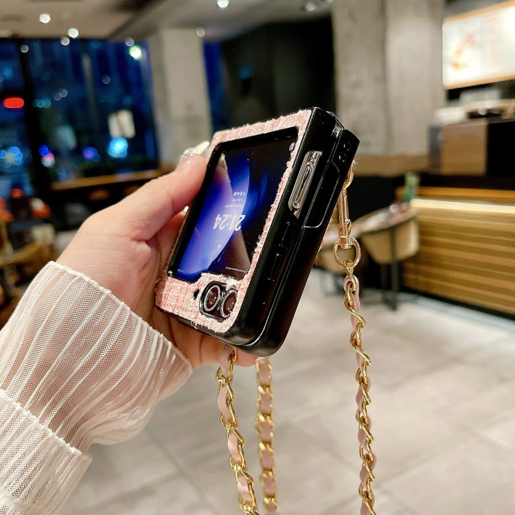 For Samsung Galaxy Z Flip5 Camellia Plaid Fabric PC Phone Case with Long Lanyard