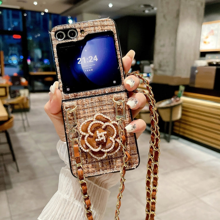 For Samsung Galaxy Z Flip5 Camellia Plaid Fabric PC Phone Case with Long Lanyard