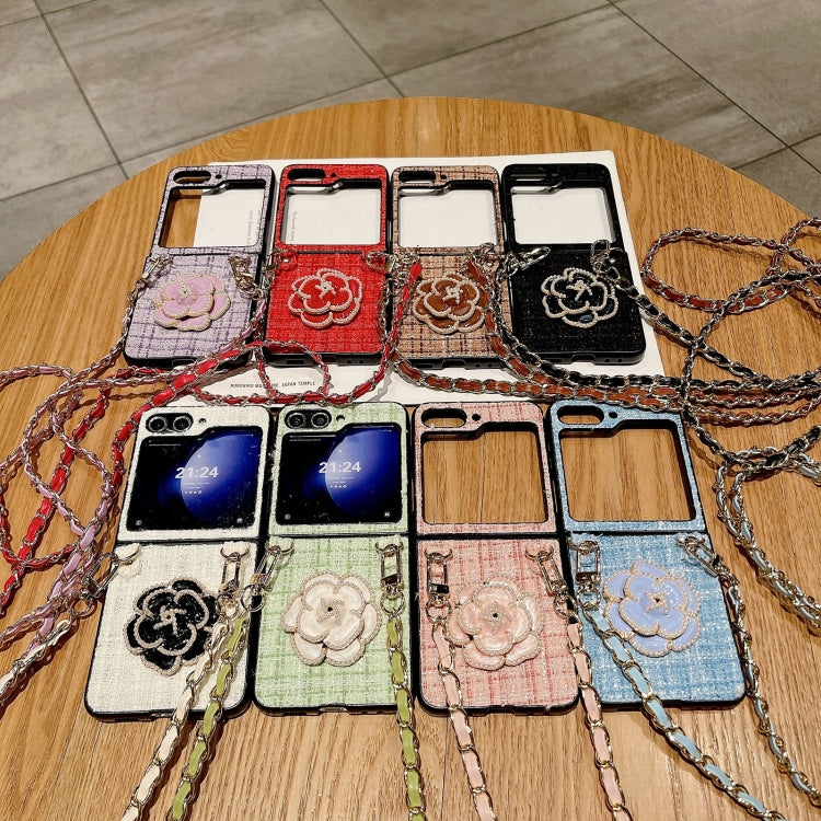 For Samsung Galaxy Z Flip5 Camellia Plaid Fabric PC Phone Case with Long Lanyard