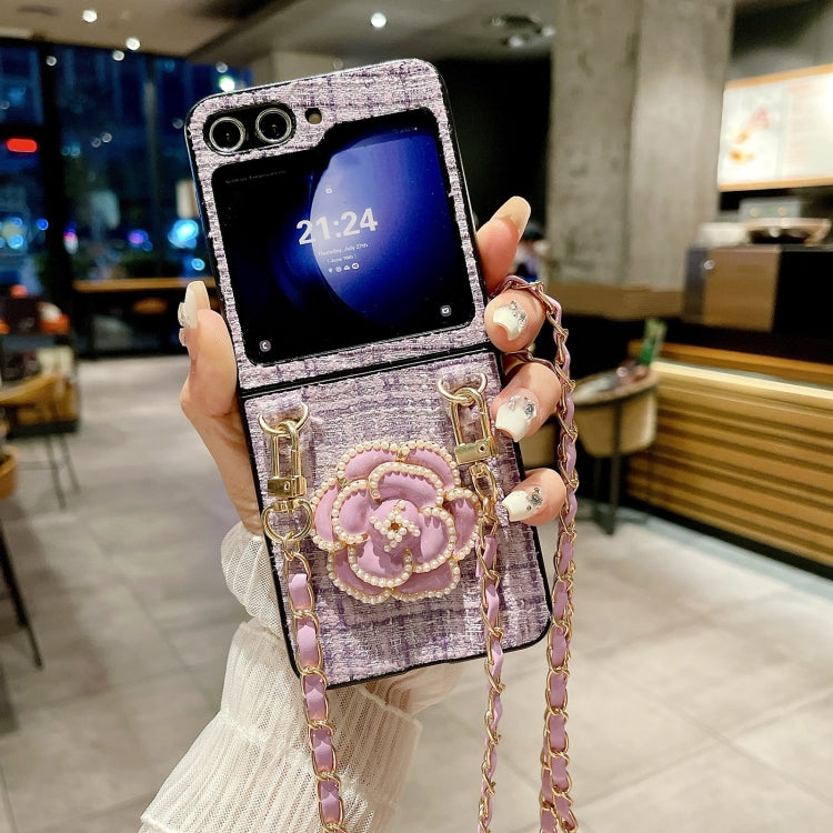 For Samsung Galaxy Z Flip5 Camellia Plaid Fabric PC Phone Case with Long Lanyard