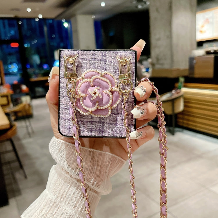 For Samsung Galaxy Z Flip5 Camellia Plaid Fabric PC Phone Case with Long Lanyard