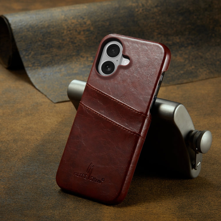 For iPhone 16 Plus Fierre Shann Retro Oil Wax Texture Card Slots PU Leather Phone Case